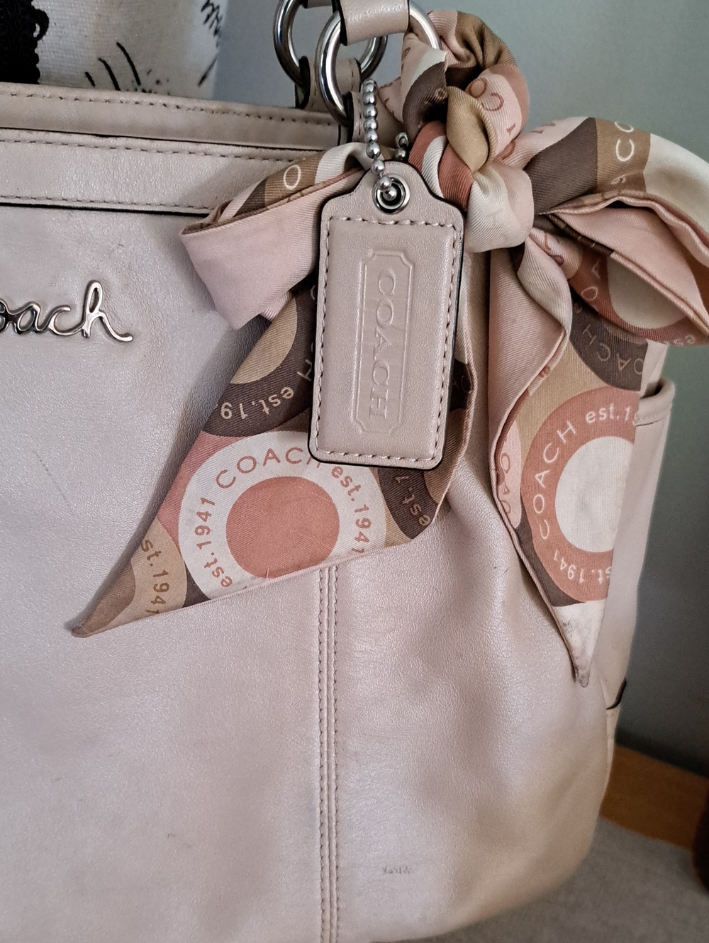 Coach Pale Pink Leather Shoulder Bag with Scarf Charm - Picture 3 of 16